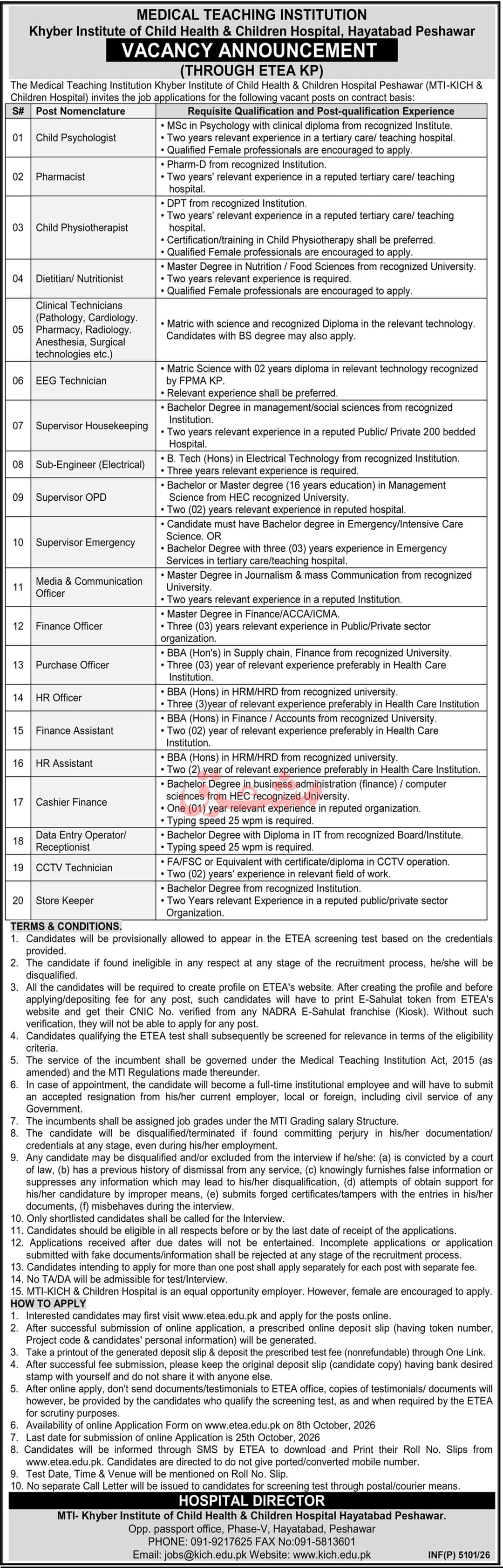 Khyber Institute of Child Health & Children Hospital Peshawar Jobs 2026 – Apply Online | ETEA picture - Jobsinkpk jobsinkpk.online 